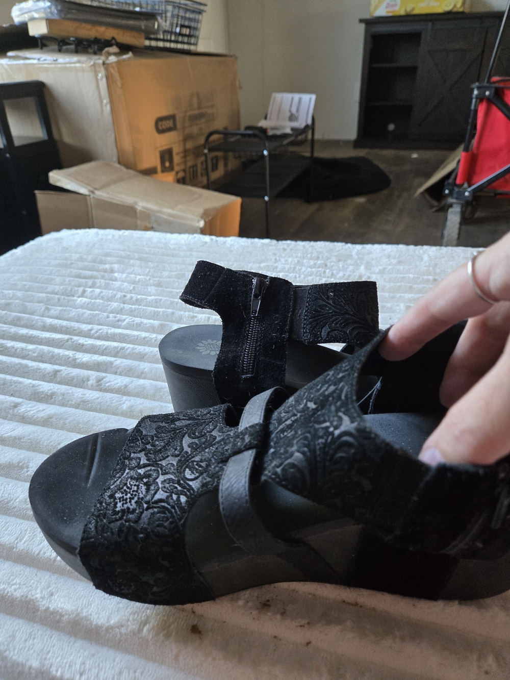Yellow Box Black Embossed Wedge Sandals